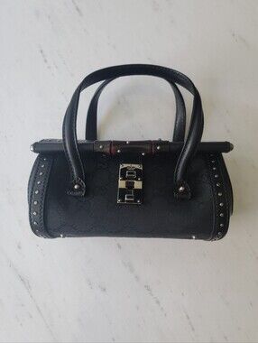 Gucci Tom Ford Studded Bamboo Bullet Bag Vintage Black GG Monogram Mini Purse